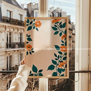 Turuncu Çiçek Ve Yaprak Desenli Ahşap Çerçeveli 2'li Tablo Seti-1 21x30 cm