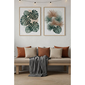 Tropik Yapraklar 2’li Ahşap Çerçeveli Tablo Seti - Doğa Temalı Duvar Dekoru 30x42 cm