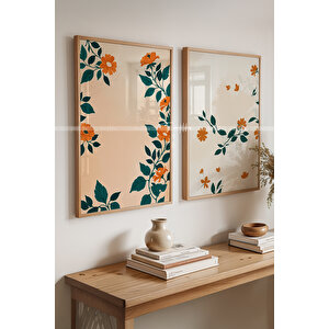 Turuncu Çiçek Ve Yaprak Desenli Ahşap Çerçeveli 2'li Tablo Seti-2 30x42 cm