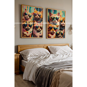 Retro Tarzda Gözlüklü Kediler Ahşap Çerçeveli 2'li Tablo Seti-30x42 30x42 cm