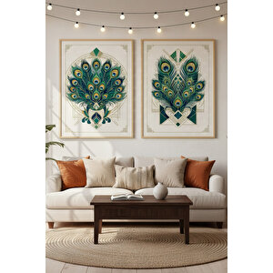 Tavus Kuşu Tüyleri 2’li Ahşap Çerçeveli Tablo Seti - Soyut Ve Modern Dekor 21x30 cm