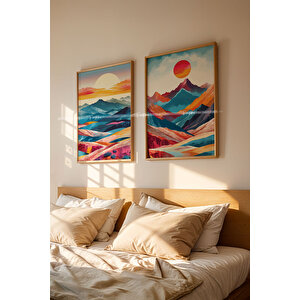 Renkli Dağ Manzarası 2'li Ahşap Çerçeveli Tablo Seti-2 30x42 cm