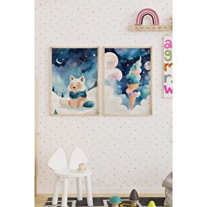 Tilki Ve Dondurma 2’li Çocuk Odası Ahşap Çerçeveli Tablo Seti - Gece Masalı Dekoru 50x70 cm