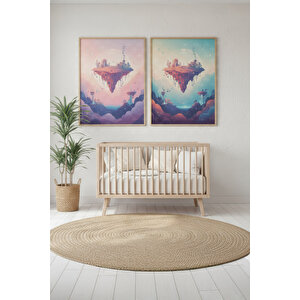 Yüzen Adalar 2’li Ahşap Çerçeveli Tablo Seti - Fantastik Çocuk Odası Dekoru 21x30 cm