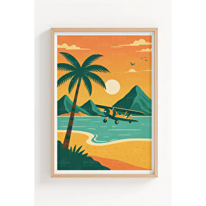 Tropik Sahil 2’li Ahşap Çerçeveli Tablo Seti - Retro Yaz Dekoru 21x30 cm