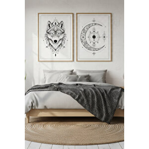 Kurt Ve Ay 2’li Ahşap Çerçeveli Tablo Seti - Mistik Minimal Dekor 50x70 cm
