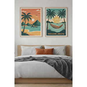 Tropik Sahil 2’li Ahşap Çerçeveli Tablo Seti - Retro Yaz Dekoru 50x70 cm