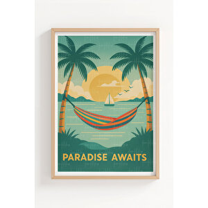 Tropik Sahil 2’li Ahşap Çerçeveli Tablo Seti - Retro Yaz Dekoru 50x70 cm