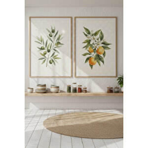 Zeytin Ve Portakal 2’li Ahşap Çerçeveli Tablo Seti - Bitki Ve Meyve Dekoru 50x70 cm