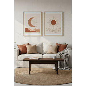 Güneş Ve Ay 2’li Minimalist Ahşap Çerçeveli Tablo Seti - Modern Duvar Dekoru 50x70 cm