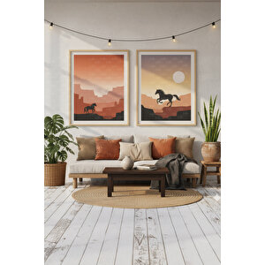 Çöl Atı 2’li Ahşap Çerçeveli Tablo Seti - Doğa Ve Minimal Dekor 50x70 cm