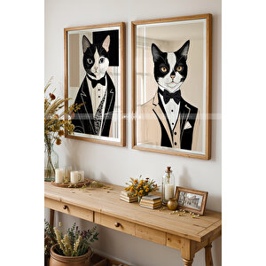 Siyah Beyaz Kedi Tasarımlı Ahşap Çerçeveli 2'li Tablo Seti - 30x42 30x42 cm