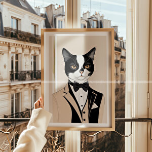 Siyah Beyaz Kedi Tasarımlı Ahşap Çerçeveli 2'li Tablo Seti - 30x42 30x42 cm