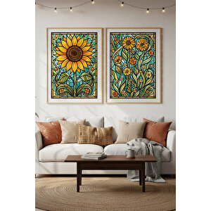 Ayçiçeği Ve Çiçek Desenli 2’li Ahşap Çerçeveli Tablo Seti - Renkli Doğa Dekoru 50x70 cm