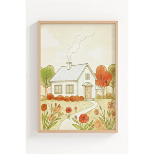 Kır Evi Manzarası 2’li Ahşap Çerçeveli Tablo Seti - Minimal Ve Doğa Dekoru 30x42 cm