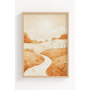 Kır Evi Manzarası 2’li Ahşap Çerçeveli Tablo Seti - Minimal Ve Doğa Dekoru 30x42 cm