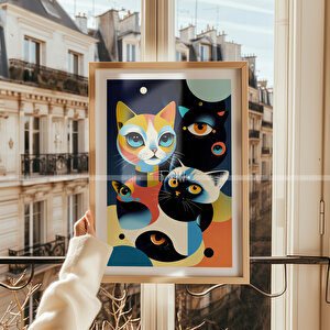 Modern Kedi Tasarımlı 2'li Ahşap Çerçeveli Tablo Seti 50x70 cm