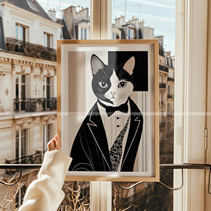 Siyah Beyaz Kedi Tasarımlı Ahşap Çerçeveli 2'li Tablo Seti - 21x30 21x30 cm