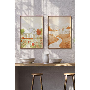 Kır Evi Manzarası 2’li Ahşap Çerçeveli Tablo Seti - Minimal Ve Doğa Dekoru 21x30 cm