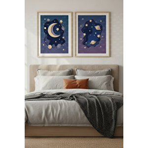 Ay Ve Gezegenler 2’li Soyut Ahşap Çerçeveli Tablo Seti - Uzay Temalı Yatak Odası Dekoru 21x30 cm