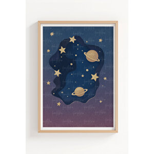 Ay Ve Gezegenler 2’li Soyut Ahşap Çerçeveli Tablo Seti - Uzay Temalı Yatak Odası Dekoru 21x30 cm