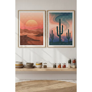Çöl Günbatımı 2’li Ahşap Çerçeveli Tablo Seti - Minimalist Doğa Dekoru 30x42 cm