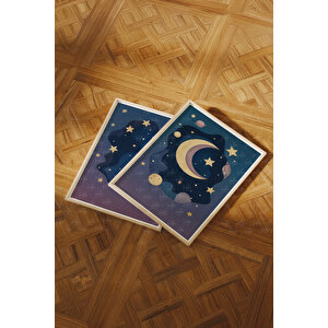 Ay Ve Gezegenler 2’li Soyut Ahşap Çerçeveli Tablo Seti - Uzay Temalı Yatak Odası Dekoru