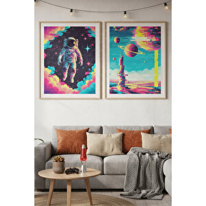Astronot Ve Gezegenler 2’li Ahşap Çerçeveli Tablo Seti - Retro Uzay Dekoru 30x42 cm