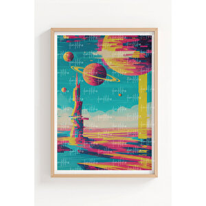 Astronot Ve Gezegenler 2’li Ahşap Çerçeveli Tablo Seti - Retro Uzay Dekoru 30x42 cm