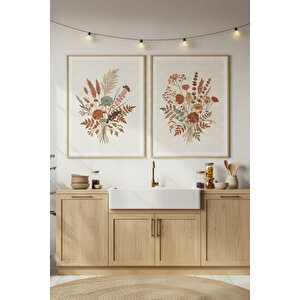 Kuru Çiçek Buketi 2’li Ahşap Çerçeveli Tablo Seti - Bitki Ve Çiçek Dekoru 21x30 cm