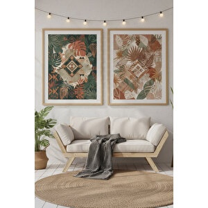 Etnik Yapraklar 2’li Ahşap Çerçeveli Tablo Seti - Boho Ve Doğa Dekoru 50x70 cm