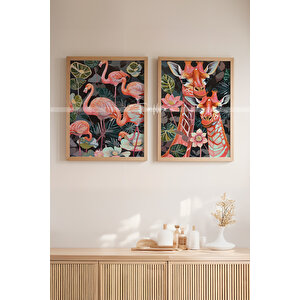 Retro Flamingo Ve Zürafa 2'li Çerçeveli Ahşap Tablo Seti 50x70 cm
