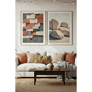Taş Ve Tuğla 2’li Ahşap Çerçeveli Tablo Seti - Modern Doğa Dekoru 21x30 cm
