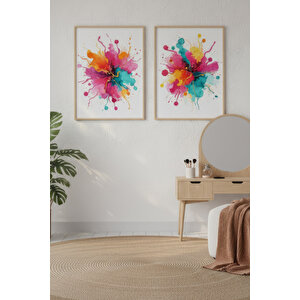 Renk Patlaması 2’li Ahşap Çerçeveli Tablo Seti - Soyut Modern Dekor 50x70 cm