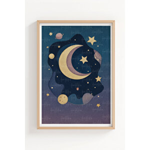 Ay Ve Gezegenler 2’li Soyut Ahşap Çerçeveli Tablo Seti - Uzay Temalı Yatak Odası Dekoru 30x42 cm