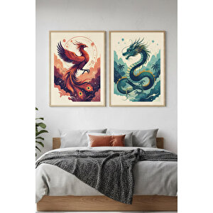 Anka Ve Ejderha 2’li Ahşap Çerçeveli Tablo Seti - Retro Mitolojik Canlılar Dekoru 21x30 cm