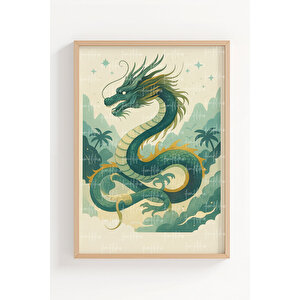 Anka Ve Ejderha 2’li Ahşap Çerçeveli Tablo Seti - Retro Mitolojik Canlılar Dekoru 50x70 cm