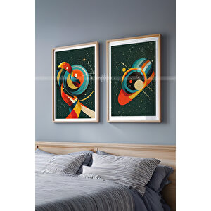 Renkli Uzay Çizgileri Tasarımlı Ahşap Çerçeveli 2'li Tablo Seti-21x30 21x30 cm