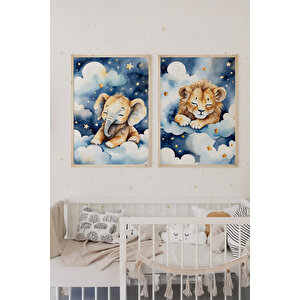 Uyuyan Fil Ve Aslan 2’li Çocuk Odası Ahşap Çerçeveli Tablo Seti - Tatlı Dekor 50x70 cm