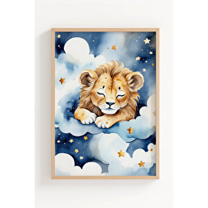 Uyuyan Fil Ve Aslan 2’li Çocuk Odası Ahşap Çerçeveli Tablo Seti - Tatlı Dekor 50x70 cm