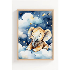 Uyuyan Fil Ve Aslan 2’li Çocuk Odası Ahşap Çerçeveli Tablo Seti - Tatlı Dekor 50x70 cm