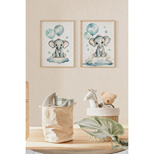 Bulut Üstünde Fil 2’li Çocuk Odası Ahşap Çerçeveli Tablo Seti - Tatlı Dekor 50x70 cm