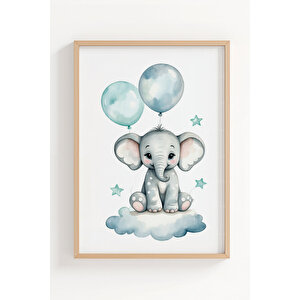 Bulut Üstünde Fil 2’li Çocuk Odası Ahşap Çerçeveli Tablo Seti - Tatlı Dekor 50x70 cm