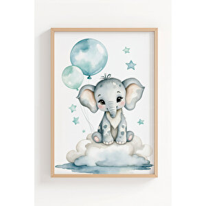 Bulut Üstünde Fil 2’li Çocuk Odası Ahşap Çerçeveli Tablo Seti - Tatlı Dekor 50x70 cm