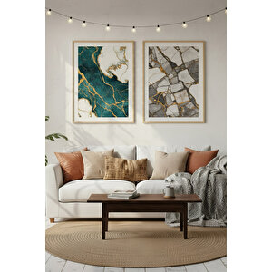 Mermer Dokusu 2’li Ahşap Çerçeveli Tablo Seti - Modern Ve Lüks Dekor 50x70 cm