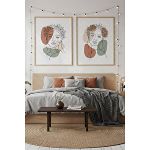 Çizgi Kadın 2’li Ahşap Çerçeveli Tablo Seti - Minimalist Ve Modern Dekor 30x42 cm