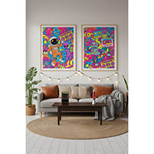 Uzay Partisi 2’li Ahşap Çerçeveli Tablo Seti - Renkli Pop Art Dekoru 30x42 cm
