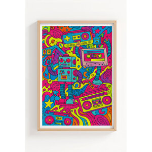 Uzay Partisi 2’li Ahşap Çerçeveli Tablo Seti - Renkli Pop Art Dekoru 30x42 cm