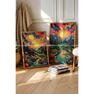 Saykodelik Doğa 2'li Çerçeveli Ahşap Tablo Seti-30x42 30x42 cm