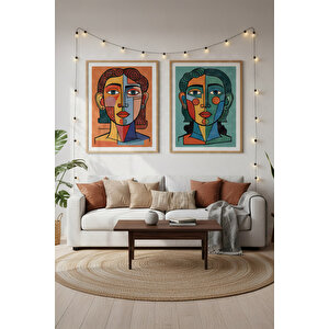 Renkli Yüzler 2’li Ahşap Çerçeveli Tablo Seti - Soyut Modern Dekor 30x42 cm